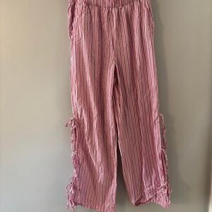 Wild-fable Women's Stripped Pink White and Brown Tie Bow Trousers